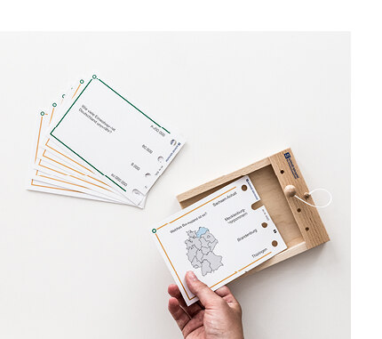 Rechteckige, beschriftete Pappkarten mit Löchern am rechten Rand liegen neben einem offenen Holzkasten. Eine Hand legt eine der Pappkarten in den Holzkasten. 