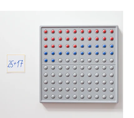 Der Abaco 100 ist ein grauer, rechteckiger Kasten mit 100 drehbaren Kugeln, die je nach Drehung grau, rot oder blau anzeigen.