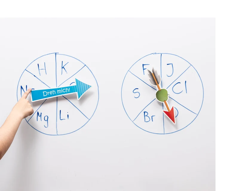 Ein Pfeil, auf dem "Dreh mich" geschrieben steht, liegt auf einem Kreis, der in 6 gleiche Teile geteilt ist. In jedem Teil steht ein Buchstabe. Daneben ein weiterer 6-teiliger Kreis mit Buchstaben, auf dem ein Pfeil liegt., 