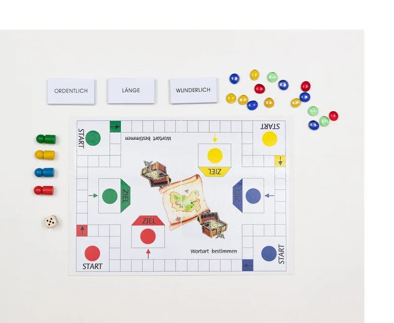 Ein Spielfeld mit verschiedenen Feldern. Daneben Spielfiguren, ein Würfel und Karten mit Wörtern darauf.