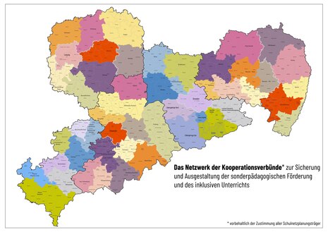 Farbige Darstellung der Kooperationsverbünde in Sachsen.